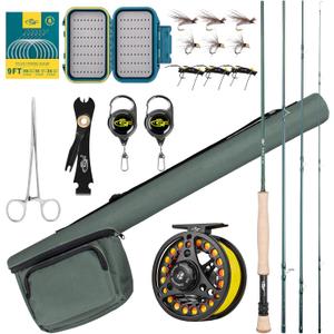 SF Fly Fishing Rod Combo Starter Kit Semi Gloss Green Jade Finish 24T Carbon Fiber Trout Travel Fly Rod with Reel,Fly Rod case,Fly Box , Flies,Tapered Leader,Knot Tying Tools (9', 8wt, 4sec, M.F)