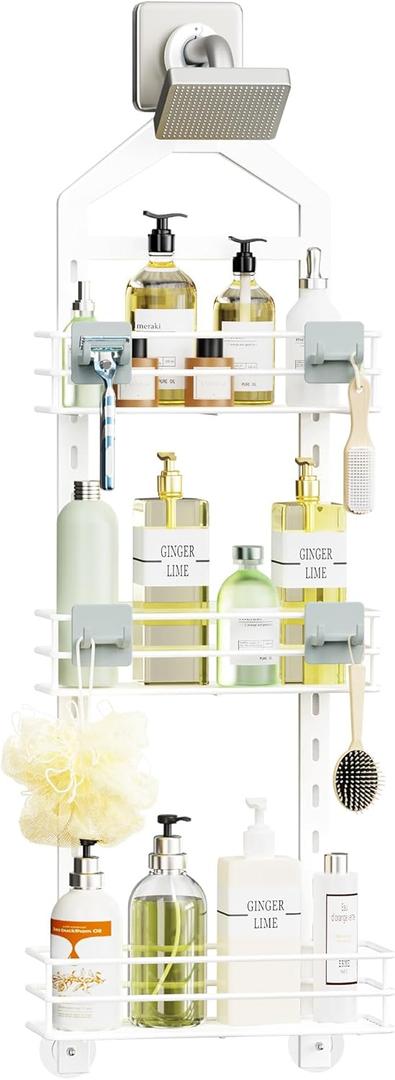 Orimade Adjustable Anti-slip Shower Caddy Over Head, Rustproof Bathroom Hanging Organizer with 2 Hooks, No Drilling Shower Shelves Storage Rack 3 Tier, White