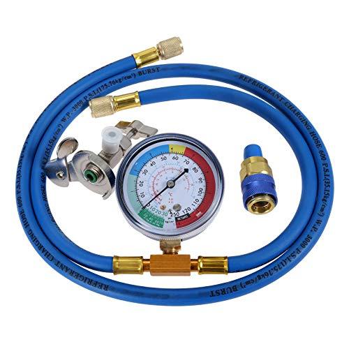 R134A Refrigerant Charge Hose Kit, 1/4” SAE Port for R12 R22 Air Conditioning, 59" Recharge Hose with 2.75" Gauge, Removable Universal Freon Can Tap, and R134a Low Side Quick Couple for Car