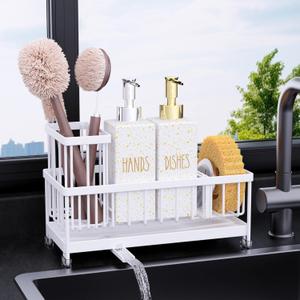 Cisily Dish Soap Dispenser, 12 fl oz Kitchen Soap Dispensers with Sponge Holder, Stainless Steel Pump Glass Kitchen Soap Dispenser Set, Hand and Dish Soap Bottle Set, Kitchen Decor Accessories