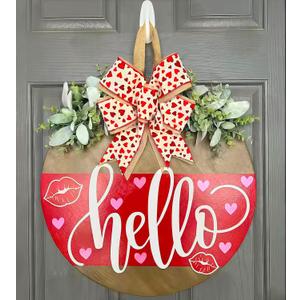 Valentines Day Wreaths for Front Door Hello Valentine Hanger Sign Outside Rustic Holiday Farmhouse Wooden Door Decoration Hanging with Bows Outdoor (Red)
