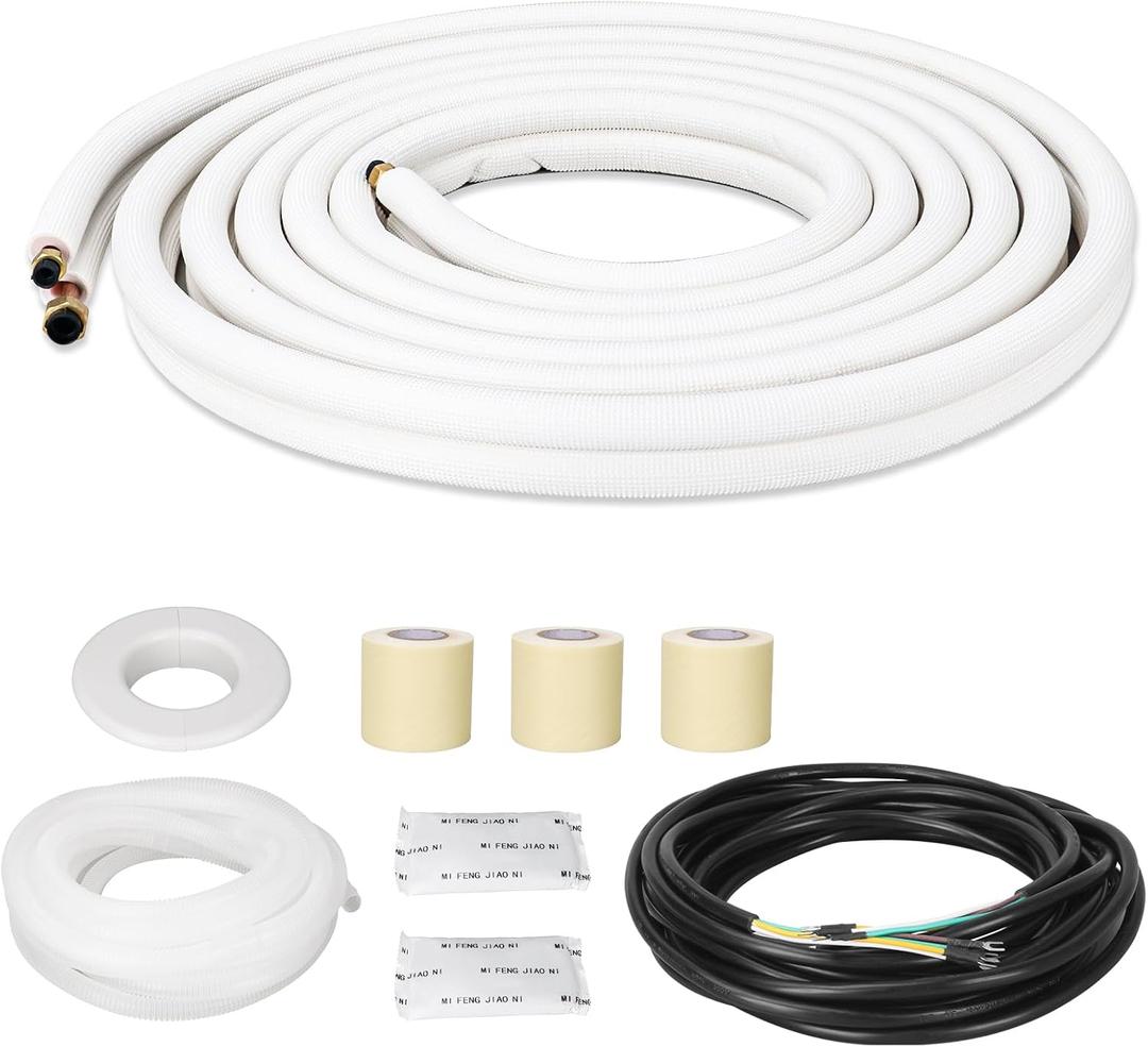 25 Ft Mini Split Line Set, 1/4" & 3/8" O.D. Twin Copper Tubing Insulated Coil Copper Pipes HVAC for Mini Split AC and Heating Equipment