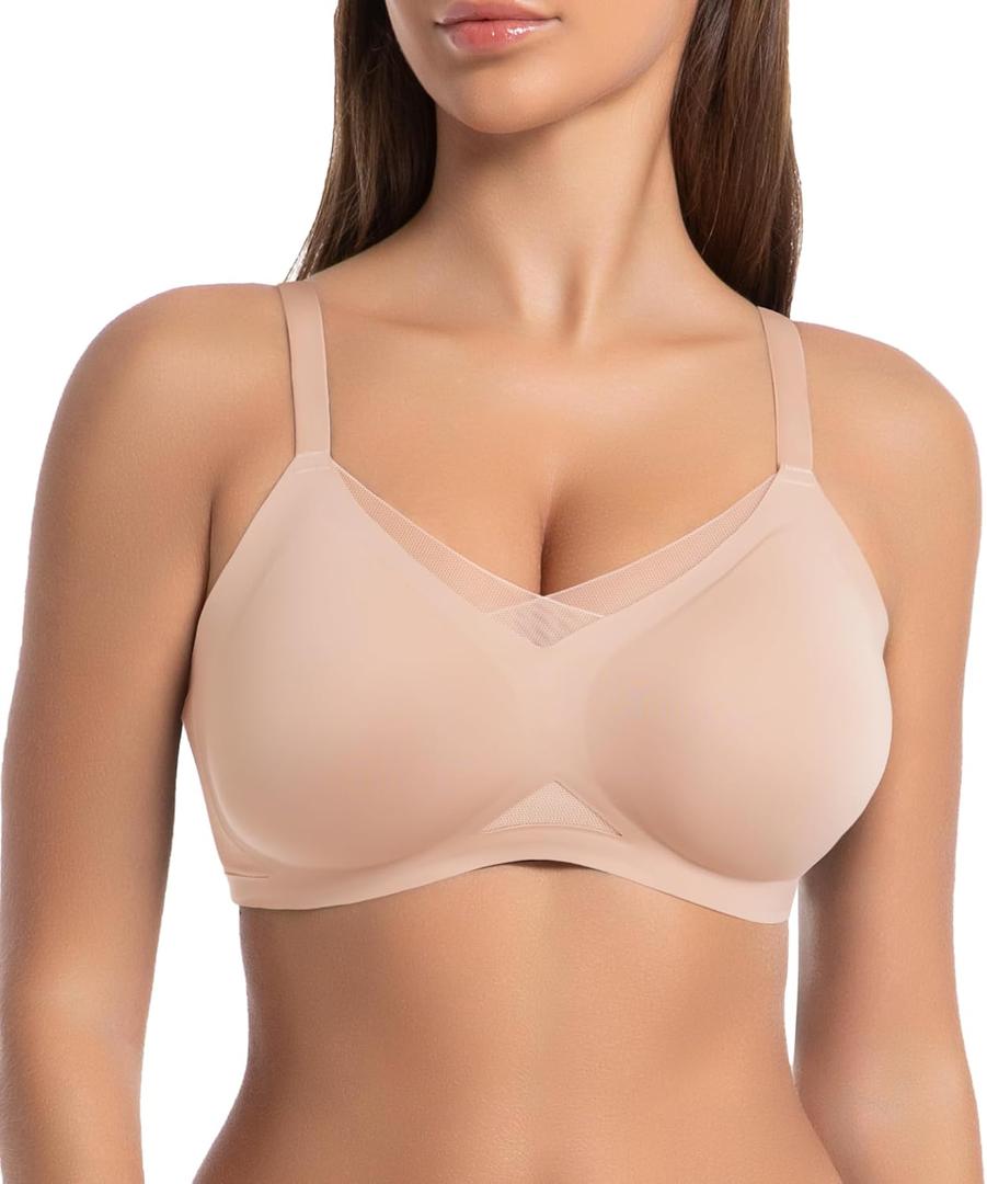 SHAPERX Wireless Bras for Women Seamless Push Up V Mesh Bralette No Underwire Full Coverage T-Shirt Bra with Removable Pads (XL, Beige)