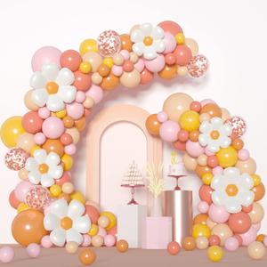 Boho Daisy Balloon Garland Arch Kit, JOGAMS 172Pcs Groovy Balloon Arch Kit with Daisy Flower Rose Gold Confetti Balloons for Boho Daisy Theme Birthday Baby Shower Wedding Groovy Party Decorations (Dusty Pink Brown Nude)