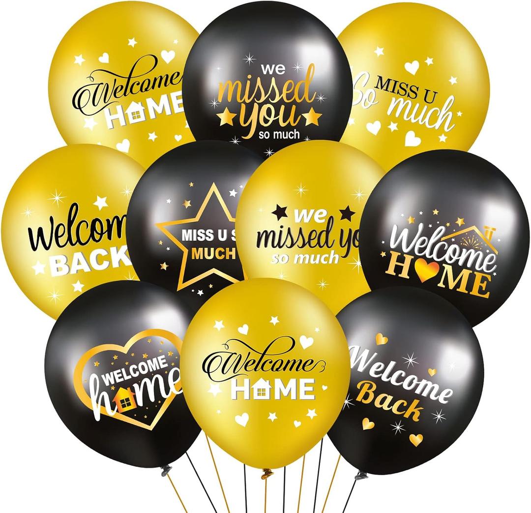 45 Pcs Welcome Home Balloon Decoration 12 Inch Black and Gold We Missed You So Much Balloon for Family Gathering Housewarming Reunion Army Theme Home Deployment Return Party