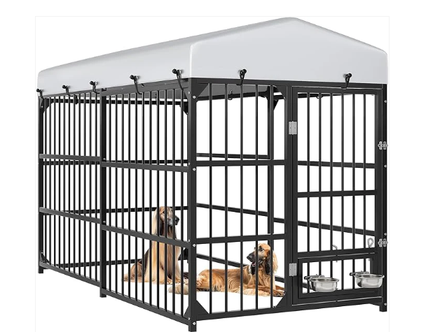 YITAHOME Large Outdoor Dog Kennel with Rotating Feeder Bowls, 8'L x 4'W x 5.4'H Dog Pens Outside with Roof, Heavy Duty Dog Cage for Medium Large Dogs