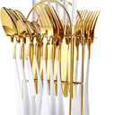 24 Pieces Silverware Set, Stainless Steel Flatware Set with Silverware Holder Spoons Forks Knives, Utensils Set Service for 6, Gold Mirror Polished and Matte Painted Cutlery Set (White)