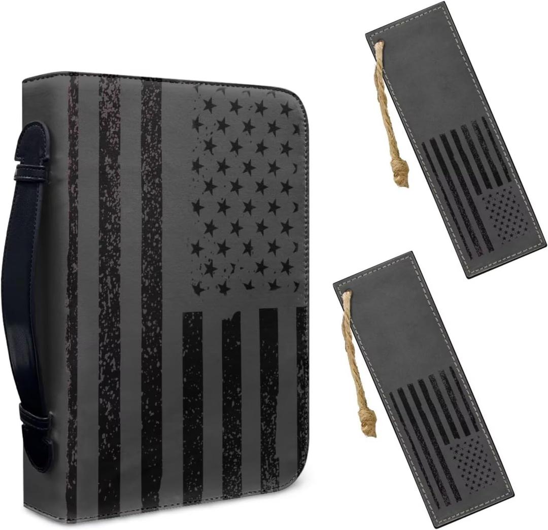 Lotusorchid Bible Cover Case with Bookmarks, American Flag Leather Bible Cover for Women Men, Portable Bible Carrying Case with Handle and Pocket, Waterproof Bible Accessories for Christian, L