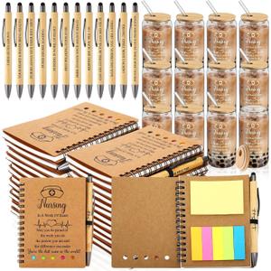 Resurhang 12 Sets/36 Pcs Nurse Week Appreciation Gifts Bulk Inspirational Spiral Notebook with Sticky Note, Ballpoint Pens and 17 oz Clear Glass Cup Thank You Gift for Medical Assistant Coworker