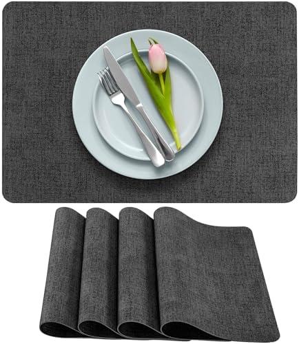 More Décor Faux Leather Placemats Set of 4 for Dining Table – Waterproof, Wipeable, Washable, Stain & Heat Resistant, Non-Slip Table Mats – 12 X 17 Inch, Dark Grey