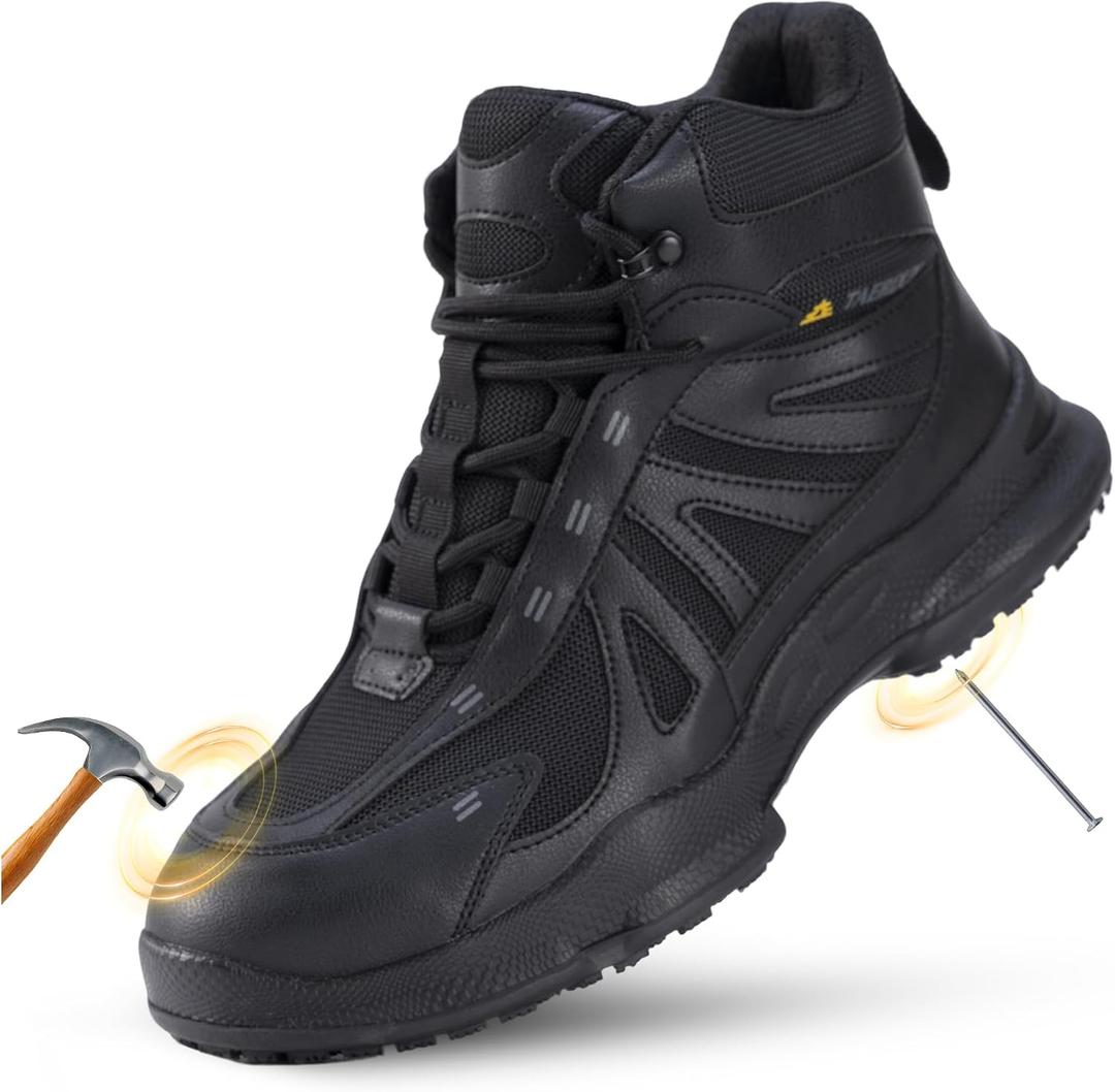 Oil Slip Resistant & Breathable Safety Shoes with Kevlar Anti-Puncture, Steel Toe Work Boots for Men and Women, Lightweight Leather Fabric Upper for Construction, Industrial, Outdoor Work (11 Wide Women/9.5 Men, Black)