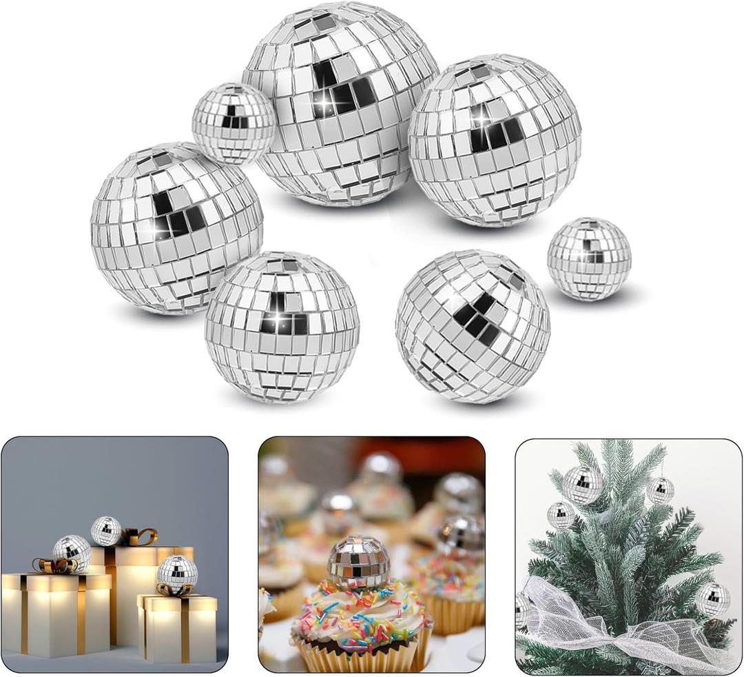 7PCS Disco Cake Topper, Different Sizes, 70s Themed Dance Party Supplies, Small Disco Balls for Cake Dessert Christmas Party Ornament (Silver)