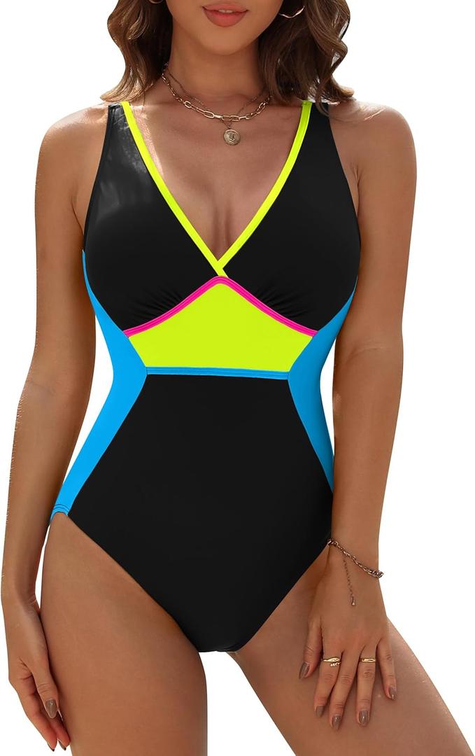 Blooming Jelly Women Tummy Control Swimsuits One Piece Modest Bathing Suit Lace Up Slimming Swim Suits 2026 (X-Large, Black Blue)