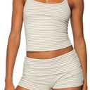Women 2 Piece Striped Pajama Set Y2k Sleeveless Cami Tank Top and Fold Over Shorts Lounge Set Sleepwear, Size Large