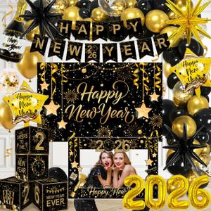 2026 New Years Decorations Black and Gold New Years Eve Balloons 2026 Banner Backdrop,Photo Booth Props,4pcs Cards Boxes Kit for 2026 Eve Party Supplies in Indoor or Outdoor