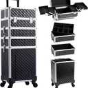 Rolling Makeup Train Case, 4-in-1 Cosmetology Case on Wheels, Nail Tech Cart for Travel, Professional Cosmetic Vanity Case, Suitcase for MUA/Manicure/Tattoo/Style, Lockable Storage Box, Black