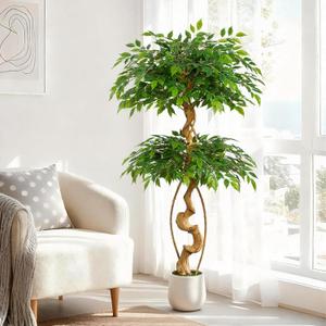 5ft Large Ficus Artificial Trees in White Pot, 60" Tall Fake Silk Tree with Natural Curved Trunk, Lush Faux Ficus Tree for Indoor Home Decor, Living Room, Office & Patio (Green)