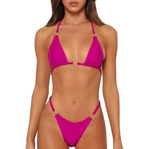MIKETAI Sexy Bikinis for Women 2 Piece Bikini Spaghetti Strap Swimsuits Solid Color Bathing Swimwear Triangle Bathing Suit, Medium,  Rose Red