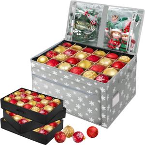 72-4" Large Christmas Ornament Storage Box, 600D Fabric, Christmas Storage Containers, Adjustable Dividers, 3 Individual Trays with Separators, 3 Pocket, Holiday Ornament Organizer(Snowflake)