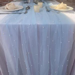 10ft White Lace Tablecloth with Pearl Table Runner, 29.5x120 Inch Tulle Chiffon Fabric for Wedding Decor, Birthday Party Dining Table Cover