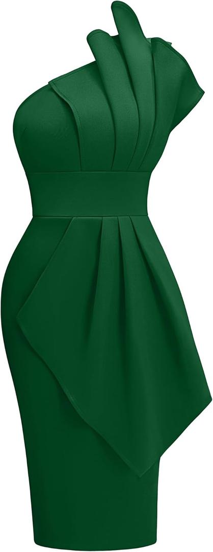 Memoriesea Women's Elegant One Shoulder Pleated Detail Bodycon Party Club Midi Dress (X-Large, Green)