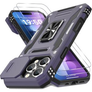 DEERLAMN Case for iPhone 16 Pro with Slide Camera Cover+Screen Protector(2 Packs), Rotated Ring Kickstand Military Grade Shockproof Protective Cover-Deep Purple