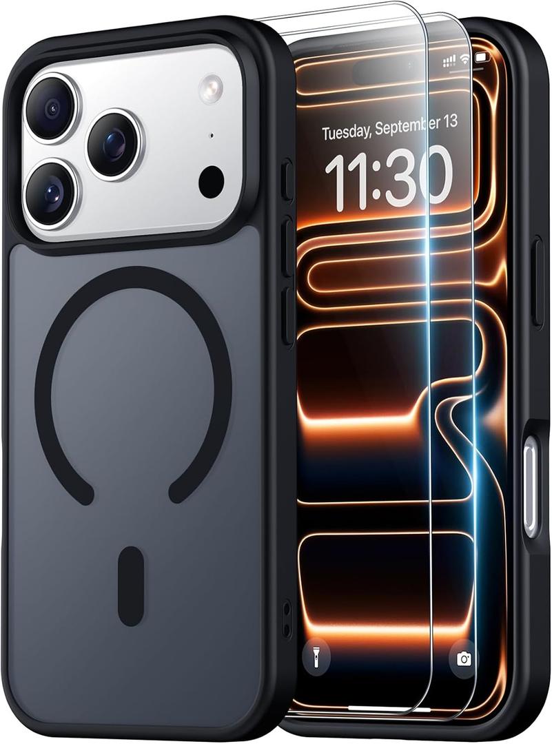 SPIDERCASE Magnetic for iPhone 17 Pro Case, with 2 Pcs Tempered Glass Screen Protector Translucent Matte Case Anti-Scratch Anti-Fingeprint Slim Phone Case for iPhone 17 Pro 6.3”, Black