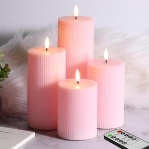 Pink Ribbed Flameless Pillar Candles with Remote, Flat Top Flickering LED Wax Battery Candles Set of 4,  3" H 4" 5" 6" 8"