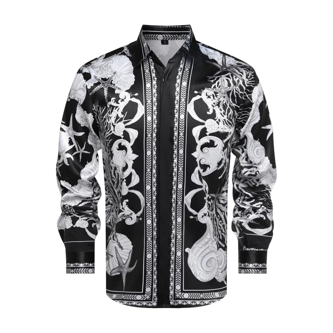 GSBOGOSSE Mens Luxury Print Dress Shirt Long Sleeve Button-Down Shirt (Black, L)