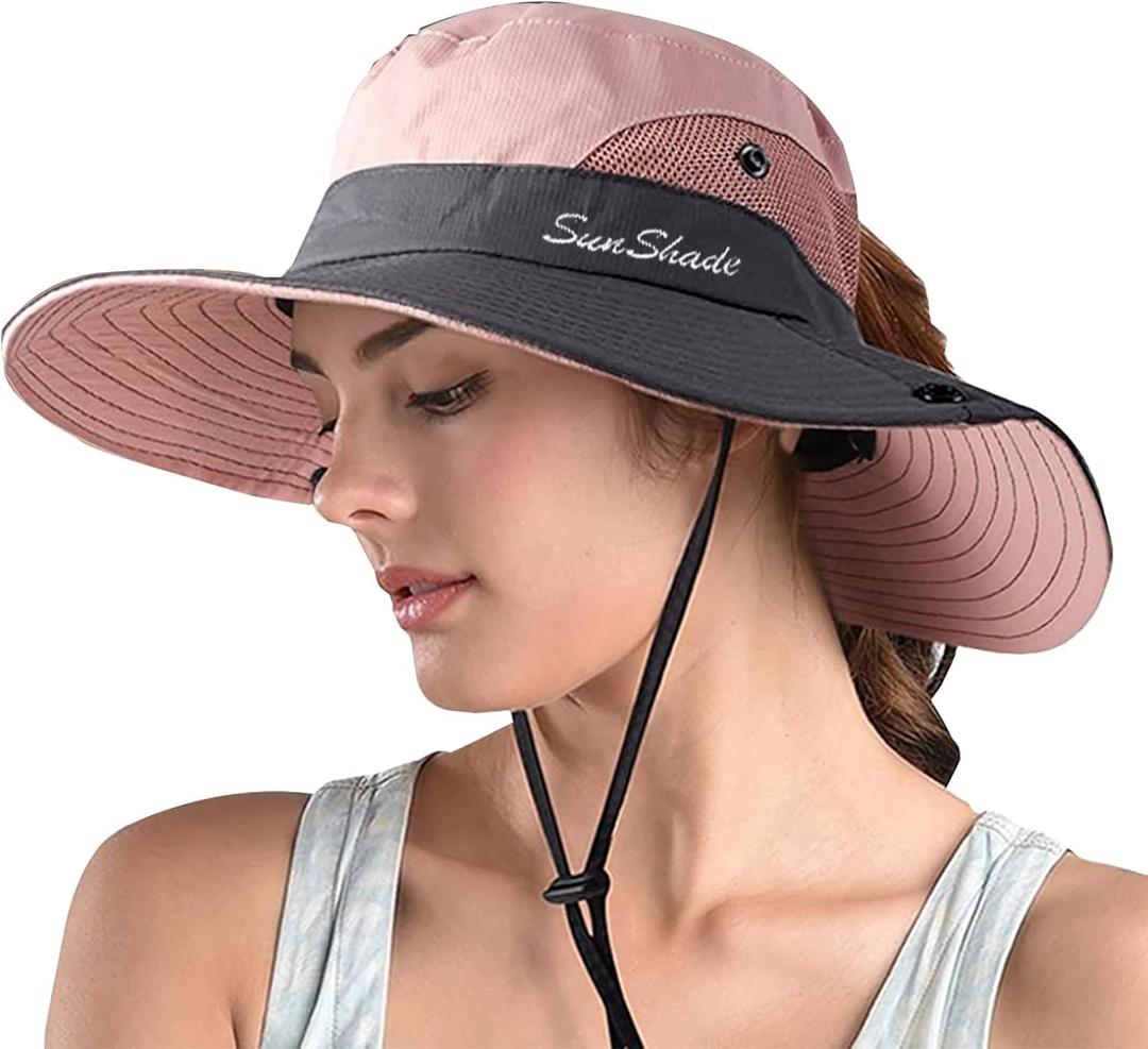 ZOORON Women's Ponytail Safari Sun Hat,Wide Brim UV Protection Outdoor Bucket Hat,Foldable Beach Summer Fishing Hat (6 3/4-6 7/8, 1-pink)