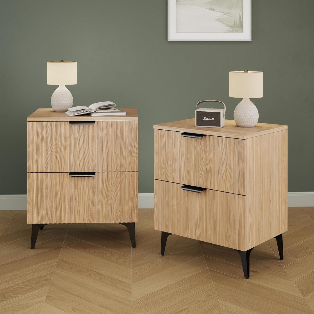 Wood Night Stand Set 2 Fluted Dresser for Bedroom 2 Drawers End Tables Nightstands Set of 2, Storage Modern Bedside Table Set of 2, Oak Nightstand