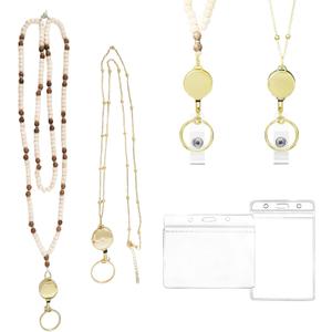 2 x 2PCS Lanyards for ID Badges, Retractable Teacher Lanyard Set with 2 Waterproof ID Badge Holders, Wooden Beaded Lanyard for Women Keys Id Badges Cruise Ship Cards