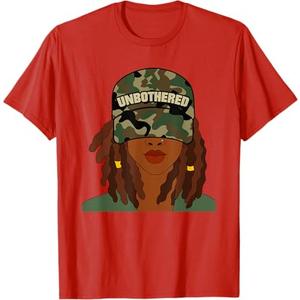 Unbothered Black Woman with Locs Camo T-Shirt (Red,Small)