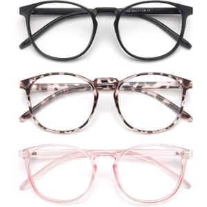 IBOANN Chic & Comfy Blue Light Glasses for Women - 3-Pack Round Frames, Screen-Ready Style with UV Protection Coating (A4 Matte Black & Leopard & Clear Pink)