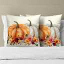Kawani Orange White Pumpkin Flower Leaf Throw Pillow Cover 18x18 Inch Pack of 2 Fall Thanksgiving Cushion Pillow Case Square Autumn Flowers Pillowcase for Party Bed Sofa Home Car Bedroom Outdoor