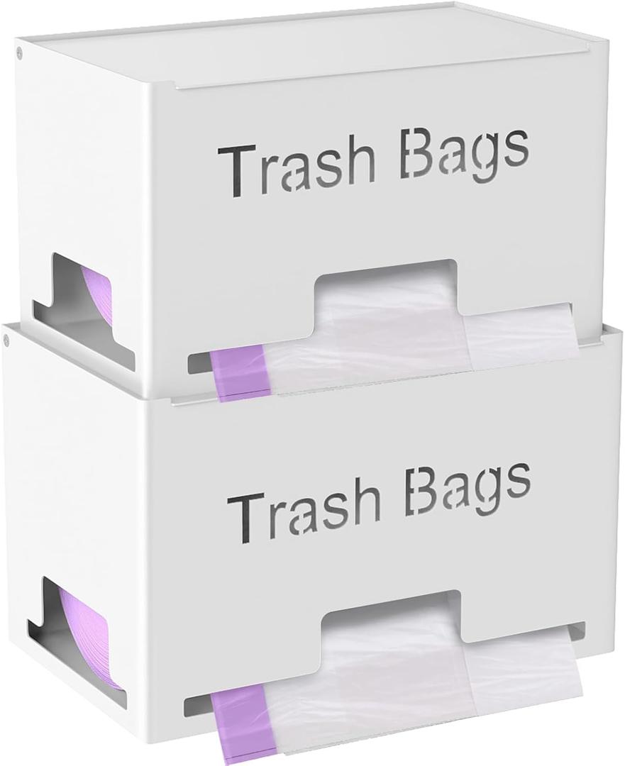 STWWO 2-Pack Trash Bag Holder Dispenser, Stackable Garbage Bag Dispenser, Extra Large Trash Storage Organizer for Kitchen Laundry Under Sink, Wall Mounted or Freestanding, Metal White