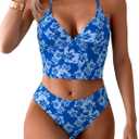 Floerns Women's Floral Print Halter Neck Tankini Top Two Piece Bathing Swimsuit (X-Large, Blue Lake)