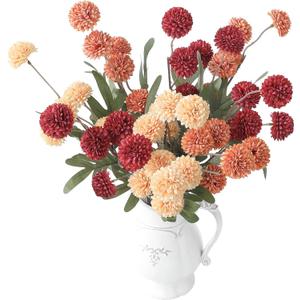 Floroom 9pcs Dark Red Burnt Orange Mix Faux Silk Mums Artificial Flowers, Bulk Fake Small Mini Chrysanthemums with Stems for DIY Wedding Centerpieces Floral Arrangements Vase Fillers Home Decorations (Warm Glow Red) Vase Not Included