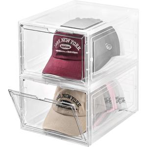 beehomay Hat Organizer Box,Stackable Clear Baseball Caps Holder Box Containers with Magnetic Door for Hats Snapback Cap Storage,Clear Hat Storage with Magnetic Door, Holds 20 Hats(clear, 2 pack)