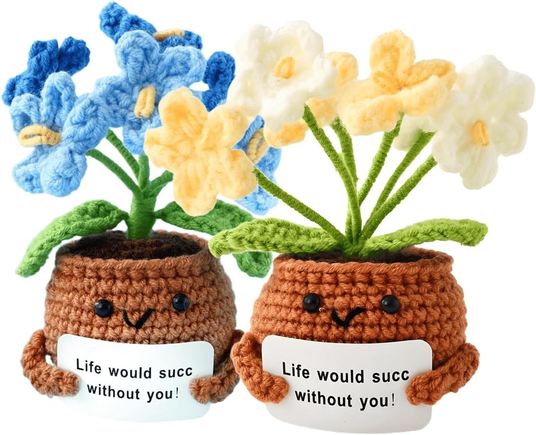 2PCS Positive Crochet Potted Emotional Support Plush Flowers with Positive Card Cheer Up for Room Car Home Office Decor(Blue and Yellow)