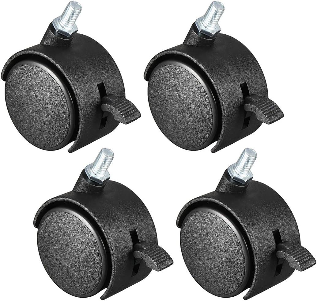 uxcell 2 Inch Swivel Casters Nylon Twin Wheel with Brake, M10 x 15mm Threaded Stem Swivel Caster, 115lb Total Capacity, Pack of 4