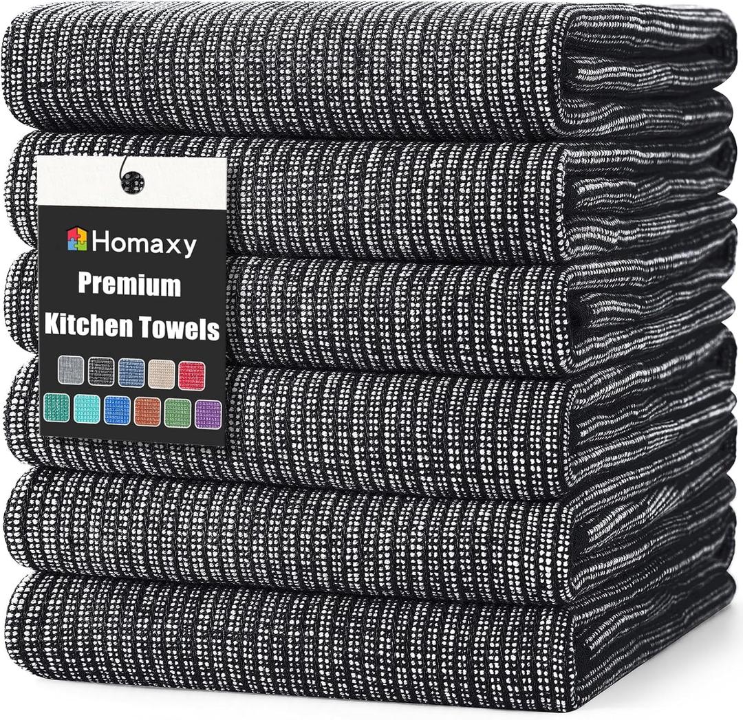 Homaxy Premium Kitchen Towels(18x 28, 6 Pack), Large Cotton Kitchen Hand Towels, Flat and Terry Dish Towels, 380 GSM Highly Absorbent Tea Towel Set with Hanging Loop, Black