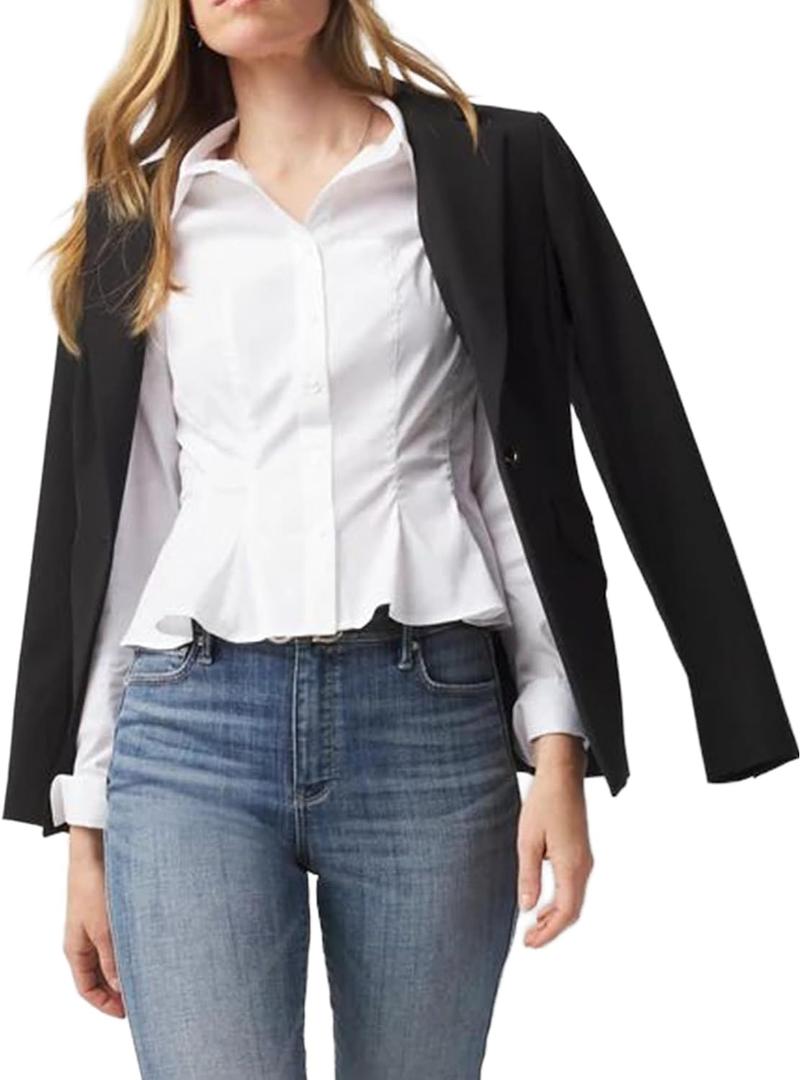2 x SUNNOW Women's Cinched Waist Long Sleeve Poplin Shirt Corset Seam Detail Blouse with Peplum Hem & Button Cuffs for Office (White, S)