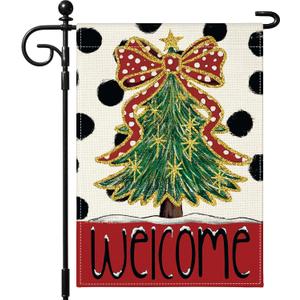 Artscope Welcome Bow Tree Christmas Garden Flag 12x18 Inch Double Sided, Polka Dot Seasonal Outdoor Winter Xmas Flag for Yard Farmhouse Holiday Decoration-Beige