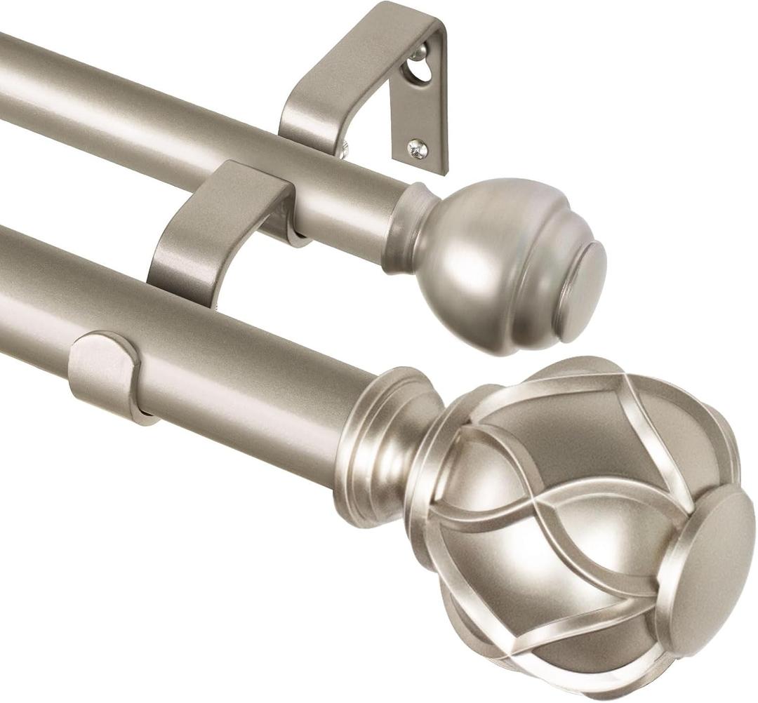 KAMANINA 1 Inch Double Curtain Rods 66 to 120 Inches (5.5-10 Feet) Telescoping Heavy Duty Drapery Rod for Windows 54 to 115, Netted Texture Finials, Champagne Gold