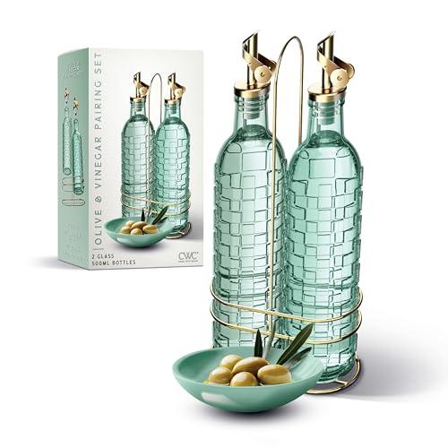 COOK WITH COLOR Glass Olive Oil Bottle Dispenser - 2 Pack- 17oz Oil and Vinegar Cruet - Olive Oil Carafe Decanter for Kitchen, Checkered, Green