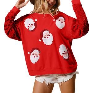 Seyumixi Women Christmas Sequined Long Sleeve Sweatshirt Cute Glitter Santa Holiday Crewneck Pullover Tops Xmas Gifts, Cute Santa Red, X-Large