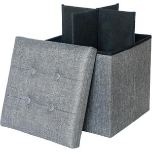 Linen Folding Storage Ottoman - Foot Rest Stool with Cross Divider Foldable Coffee Table for Living Room, Bedroom, 15 x 15 x 15 inches (15"D x 15"W x 15"H, Grey)