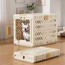 Collapsible Dog Crate for Small/Medium Dogs - 28" L Foldable Dog Cage No-Tool Assembly, Travel Dog Crate with 2 Wheels - Easy to Carry, Space-Saving, Indoor Outdoor Use, Cream, 28L*18.3W*20.9H