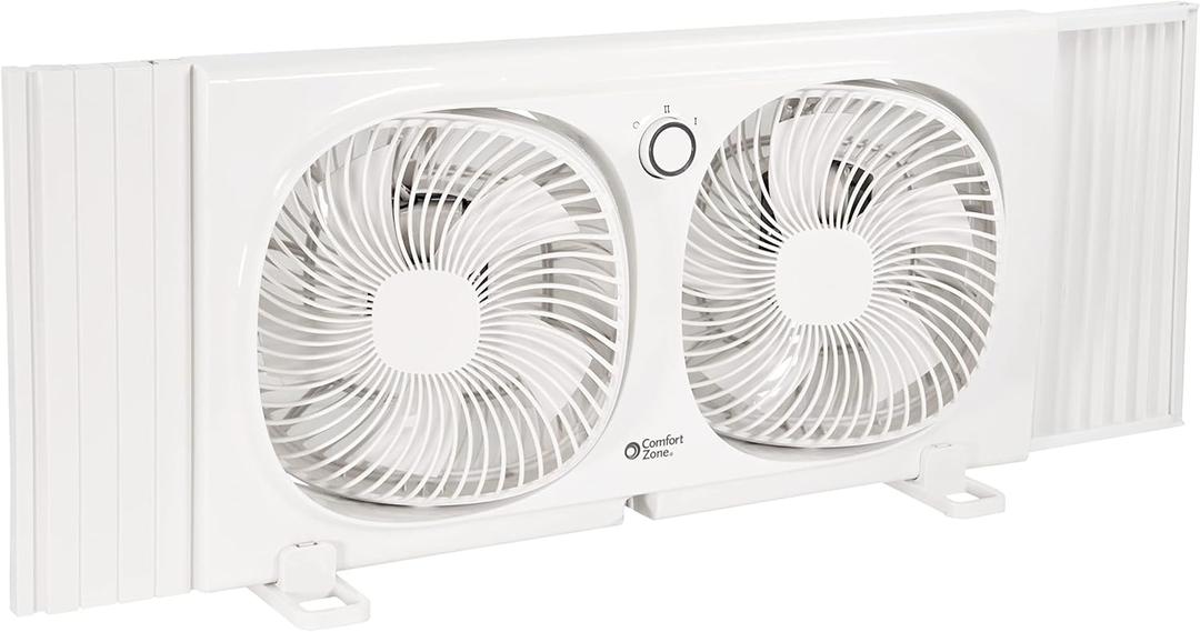 Comfort Zone 9-Inch Twin Window Fan with 2-Speed Independent 180 Rotating Fan Heads, Auto-Locking Expanders & Removable Bug Screen, Reversible Exhaust Fan for Bedroom or Home